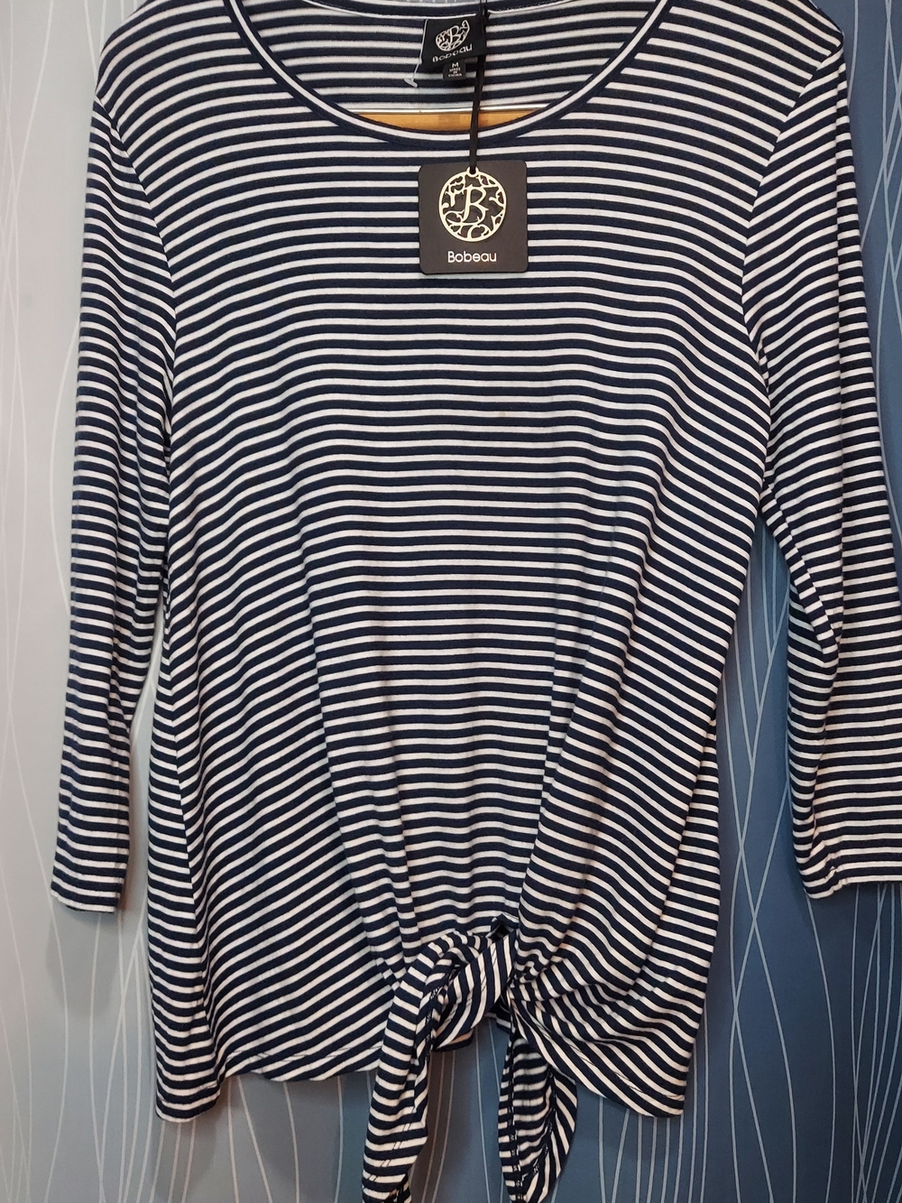 bobeau Navy & White Striped Long Sleeve Tie-Front Top - Picture 1 of 5